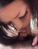Mahiru Asian babe sucks erect penis after licking crown jewels