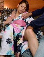 Rei Mizuna is fucked under kimono and gets cum in mouth in 3some